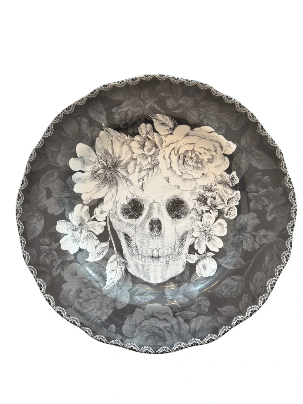 222 Fifth Marbella Skull Dinner Plates Set of 3 Gothic Floral Halloween 10.5”